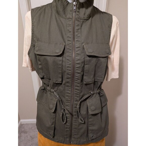 J Crew Womens Green Military Utility Zip Vest Medium Multi Pockets Cinch Waist - Picture 1 of 10